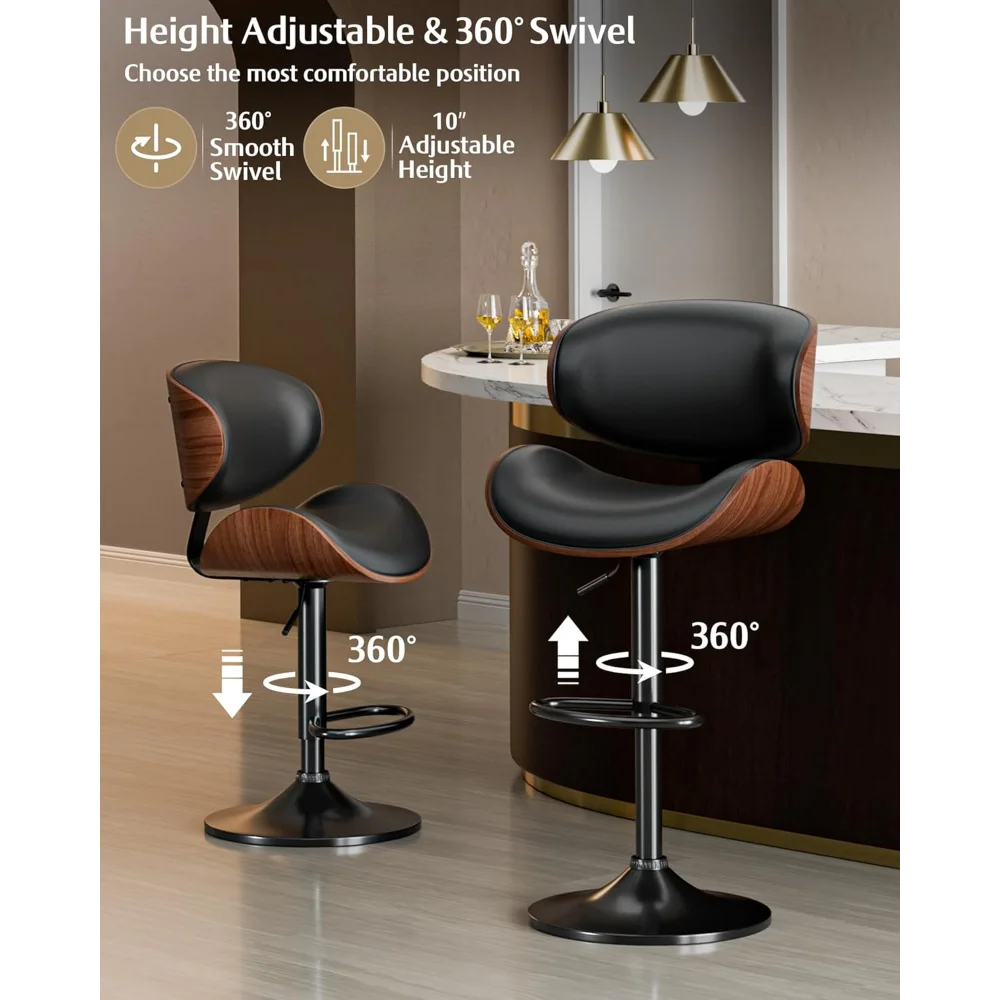 Bar Stools, Adjustable Swivel Leather Bar Stools for Kitchen Island, Mid Century Modern Counter Height Bar Chairs