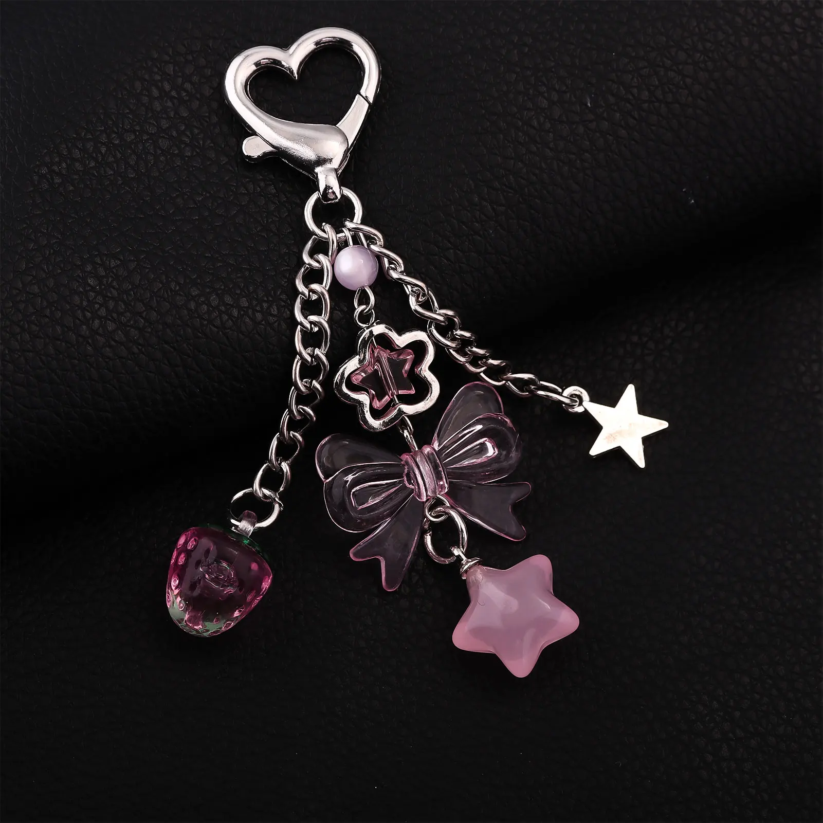 1 pz portachiavi con fiocco stile dolce ciondolo rosa telefono cellulare creativo catena corta amore stella a cinque punte accessori decorazione borsa