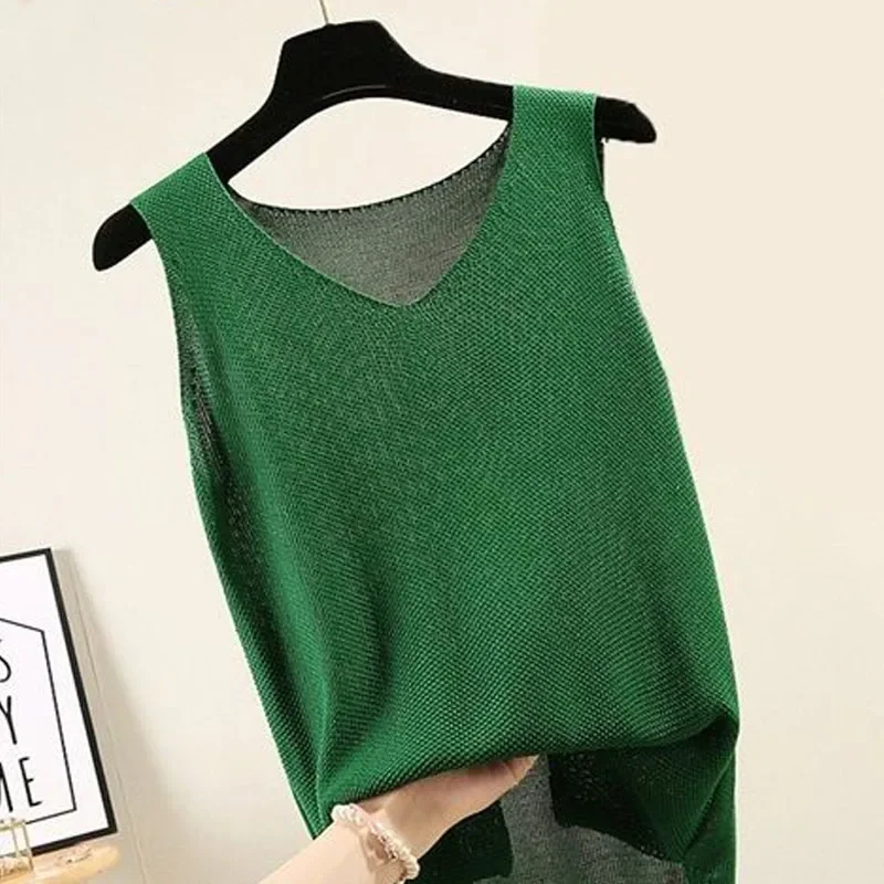 Camisola de verão colete para mulheres solto-ajuste com decote em v sem mangas de malha regata feminina casual roupa de praia