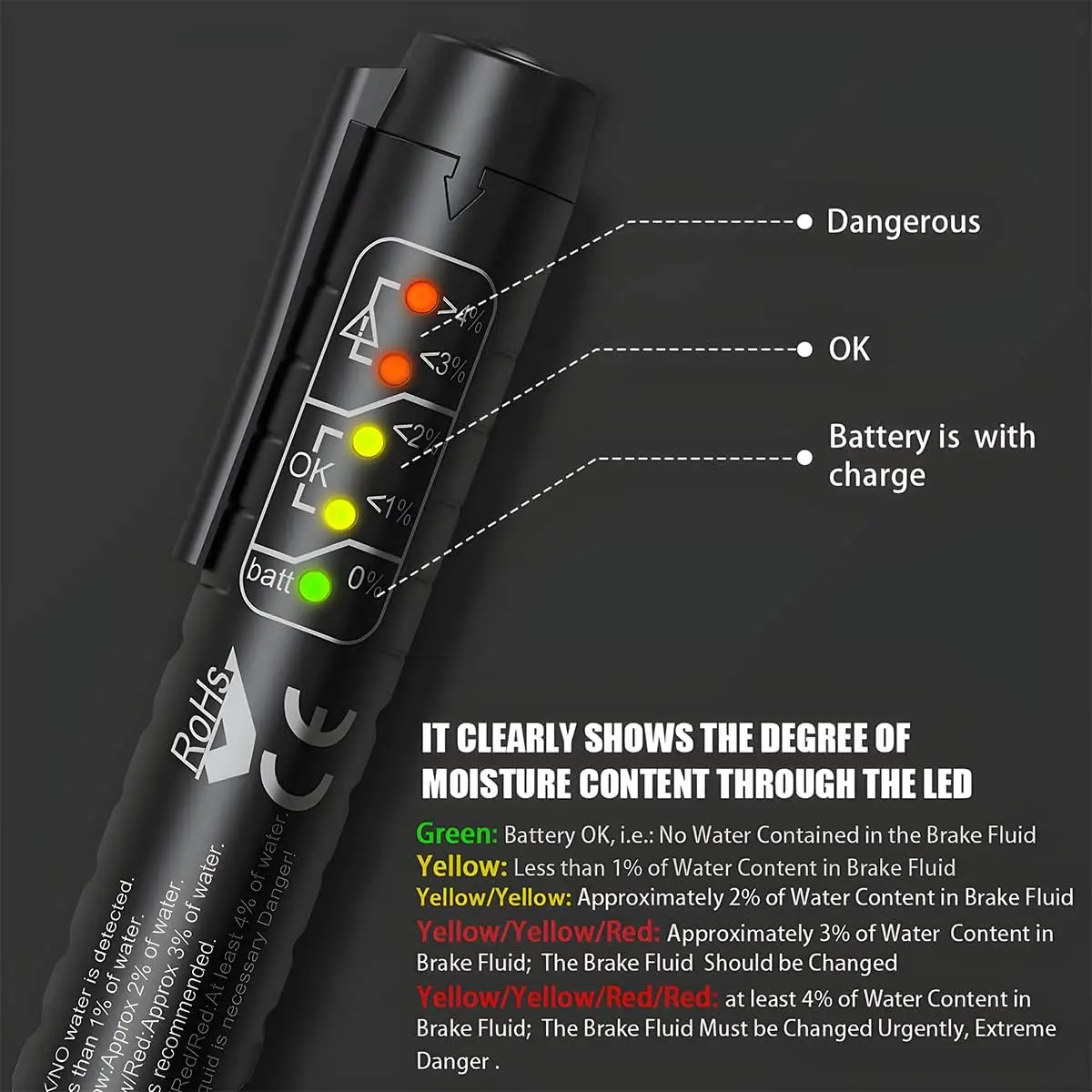 Pluma de prueba de líquido de frenos, herramienta de prueba de diagnóstico de frenos automático, analizador de humedad de aceite de fluido hidráulico con 5 luces indicadoras