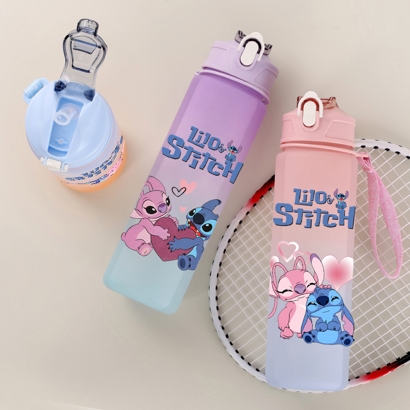Taza de agua con pajita de plástico de Disney Lilo Stitch, botella de agua deportiva de alto valor para exteriores, herramientas para beber para acampar de gran capacidad de 750Ml