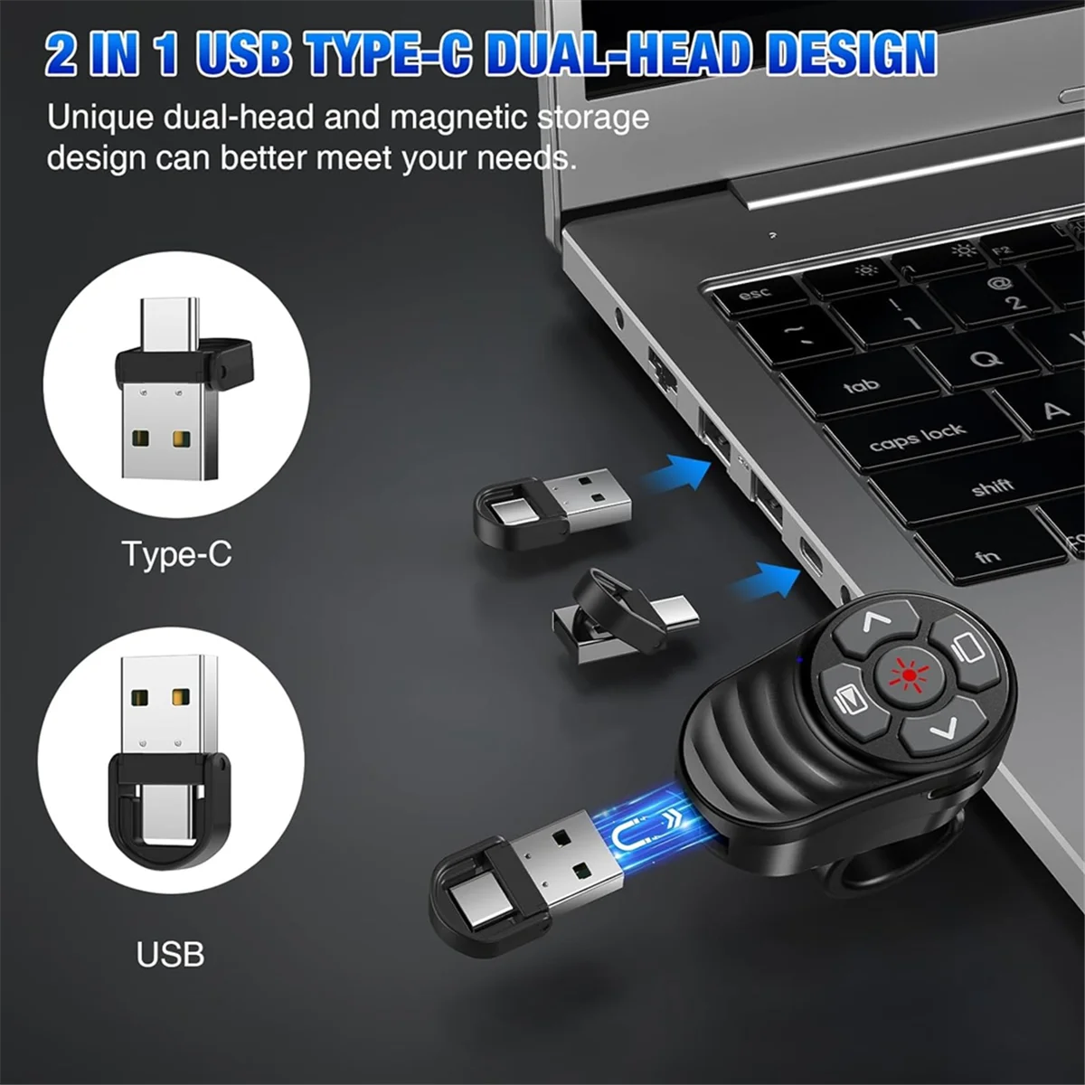 Clicker de apresentação sem fio recarregável usb tipo c aa91, apresentação de anel de dedo powerpoint clicker com ponteiro de luz