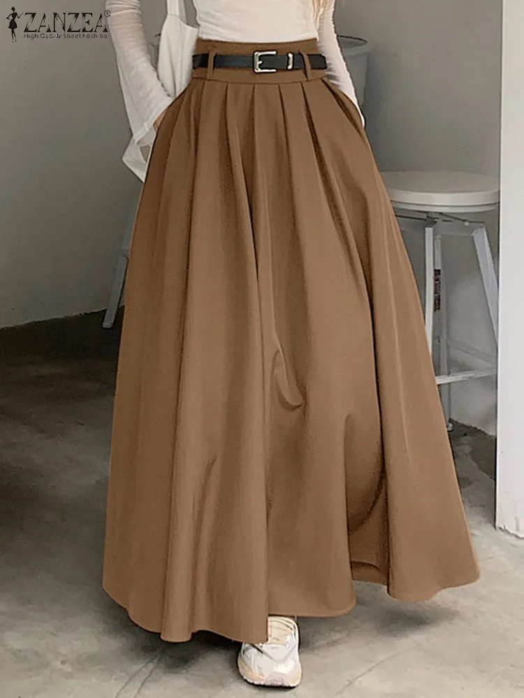 ZANZEA Falda plisada coreana de cintura alta para mujer, Falda acampanada, moda Vintage, Falda de oficina para primavera 2024, Falda larga Lisa holgada para vacaciones