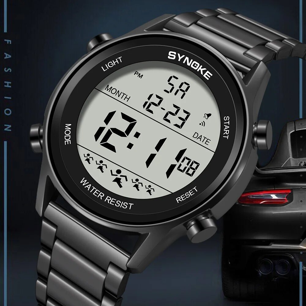 SYNOKE-reloj deportivo de lujo para hombre, cronógrafo Digital con correa de acero inoxidable, resistente al agua, con luz trasera y alarma
