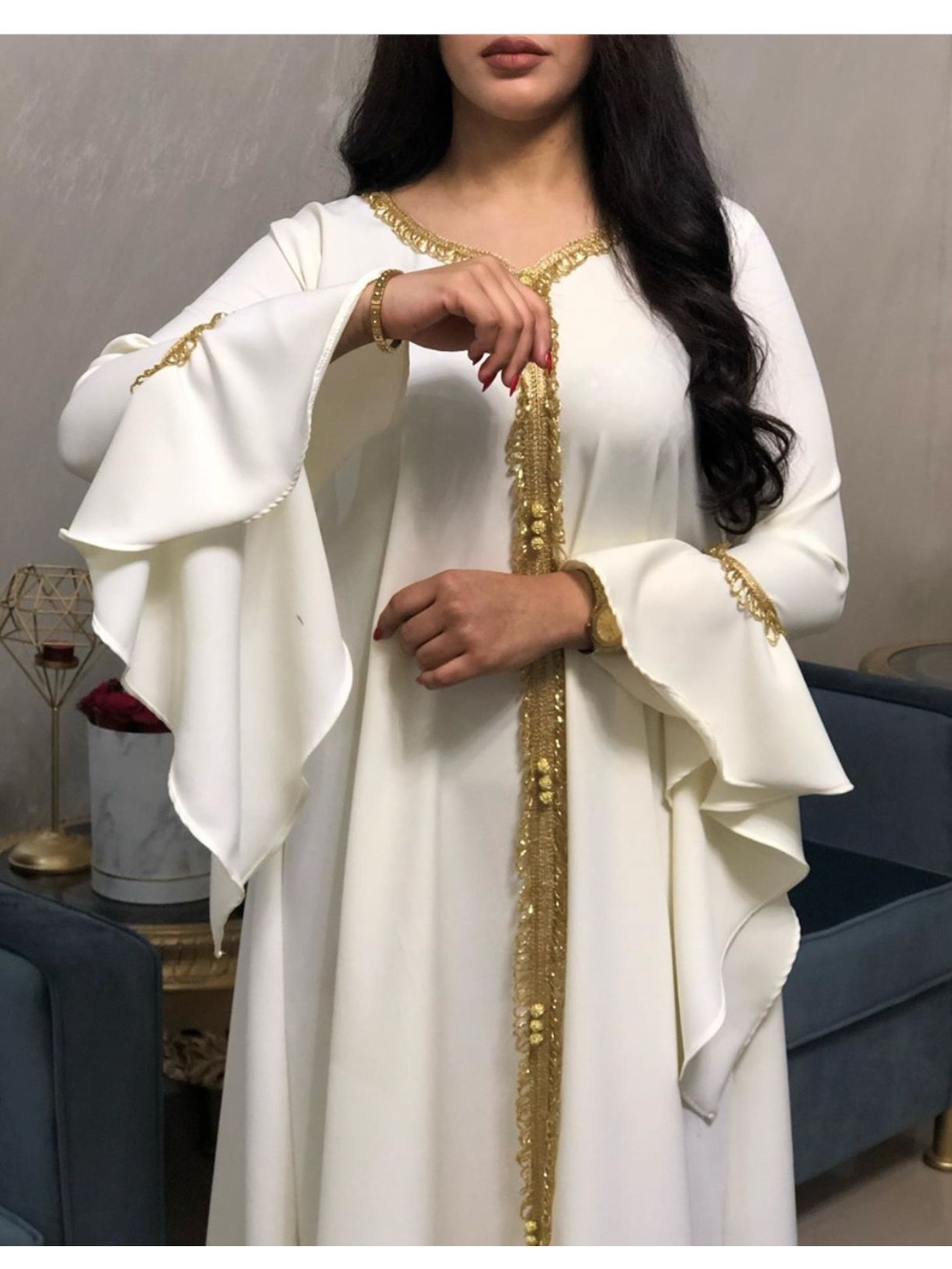 Vestido musulmán modesto de otoño para mujer, Abaya Duabi bordado con mangas con volantes, Vestidos árabes, caftán marroquí, vestido islámico