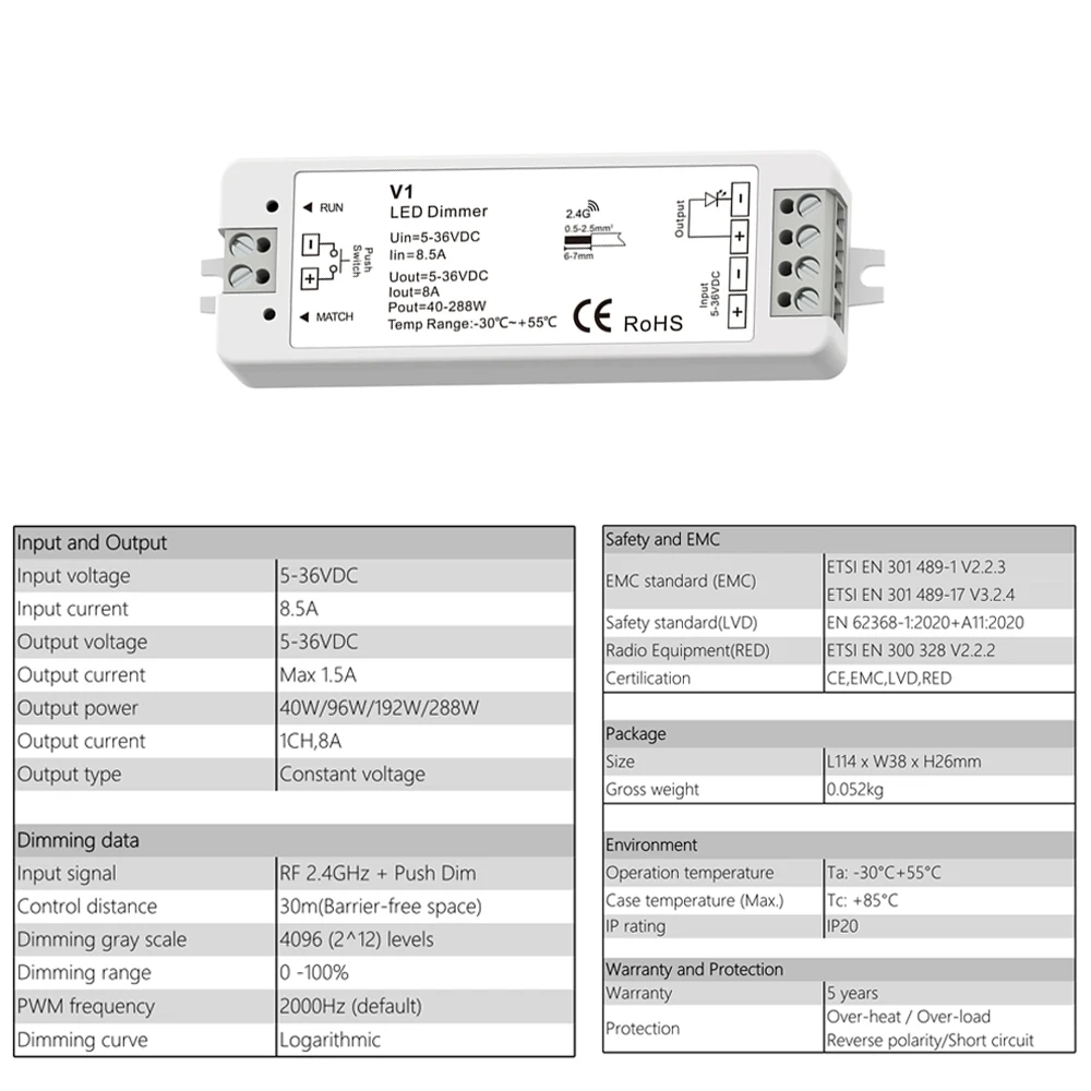 V1 LED Dimmer 1 CH 5V 12V 24V 36V 4 Zone Single Color LED Strip Dimming Kit Wireless 2.4G RF Remote Control Touch Switch Dimer