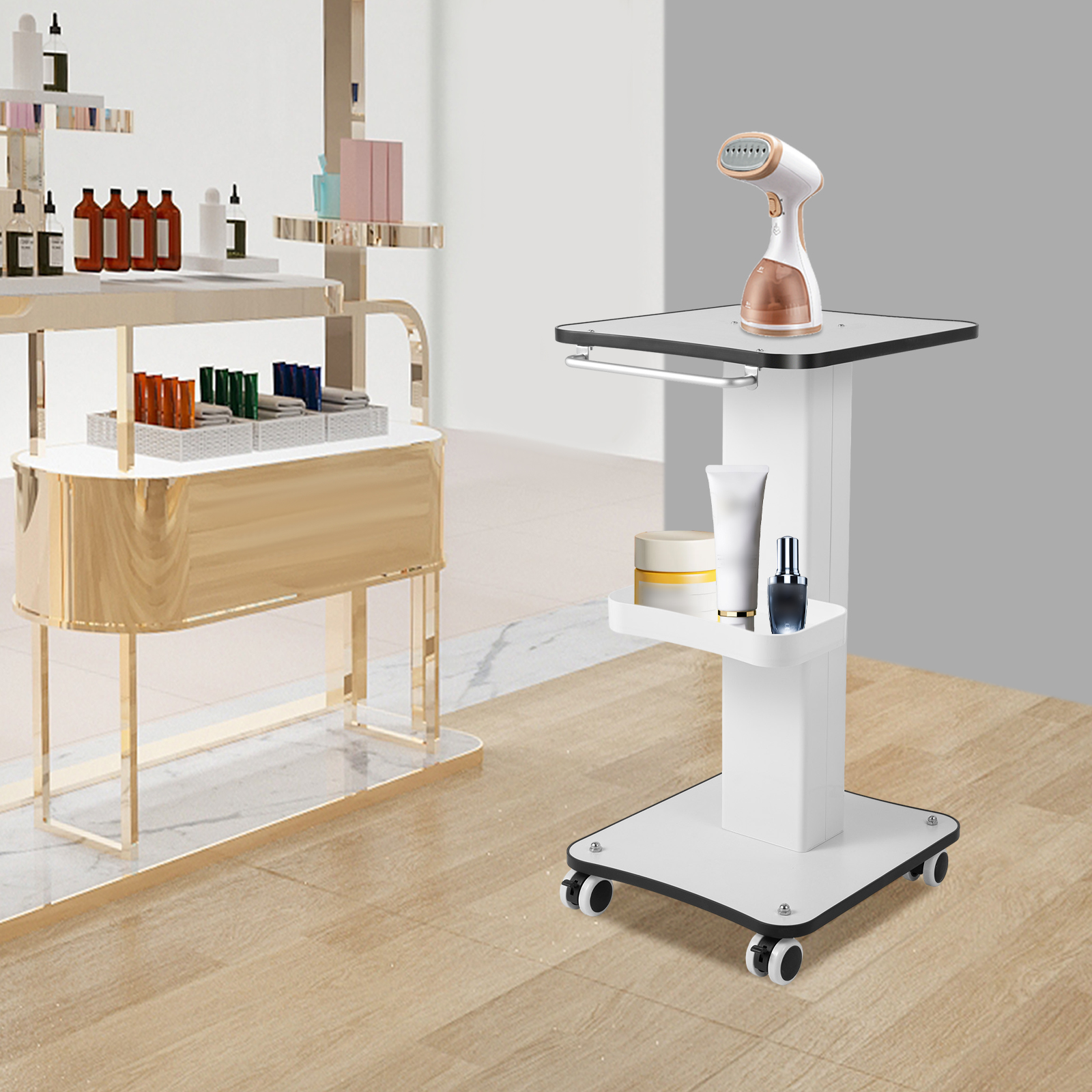 SPA Beauty Storage Supporto per salone di bellezza Carrello con rotelle Carrello per attrezzature Supporto per macchina Organizzatore 3 livelli 3,8 kg con maniglia di spinta