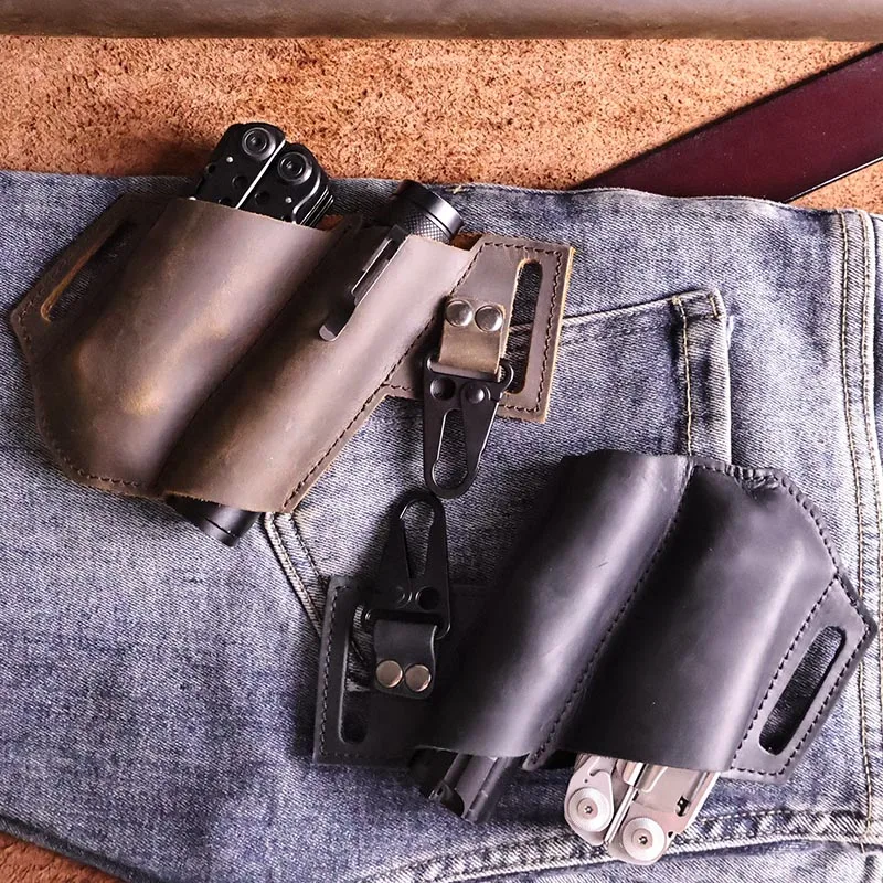 Alicates multiherramienta EDC de cuero genuino, funda para cinturón, táctico, multiherramienta, cuchillo plegable, soporte para linterna para cuero, 1 ud.