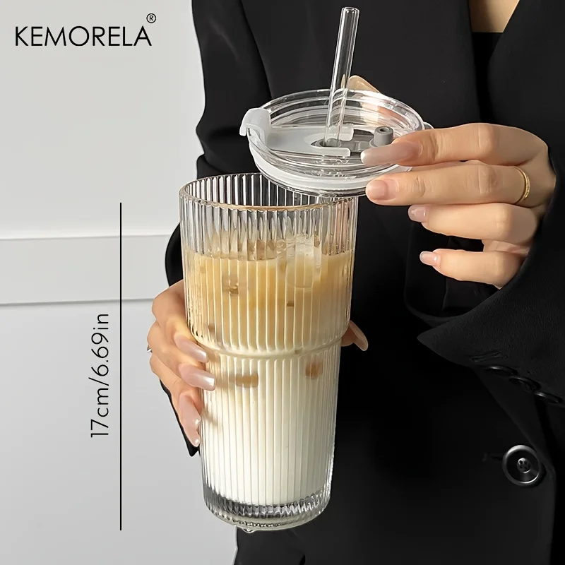 600 ml Streifen-Glas-Kaffeetasse mit Deckel und ohne Deckel, Strohhalm, transparente Trinkgläser für Saft, Eiskaffeetassen, Trinkgeschirr
