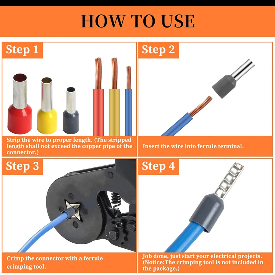 400PCS CRIMP เทอร์มินัลไฟฟ้าหลอดเทอร์มินัลชุด VE TUBULAR BLOCK ปลายสายไฟตัวเชื่อมต่อสายไฟ