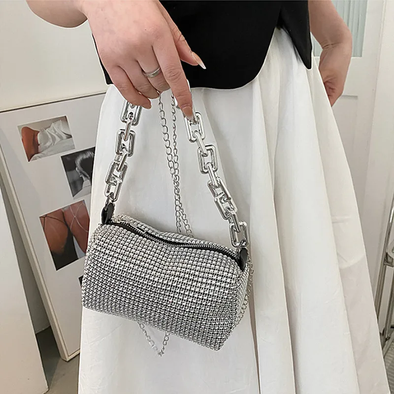 Allover Rhinestone Bucket Bag, brokatowa torebka na studniówkę z łańcuszkiem, damska mini torba na ramię (6,3*3,54) cala