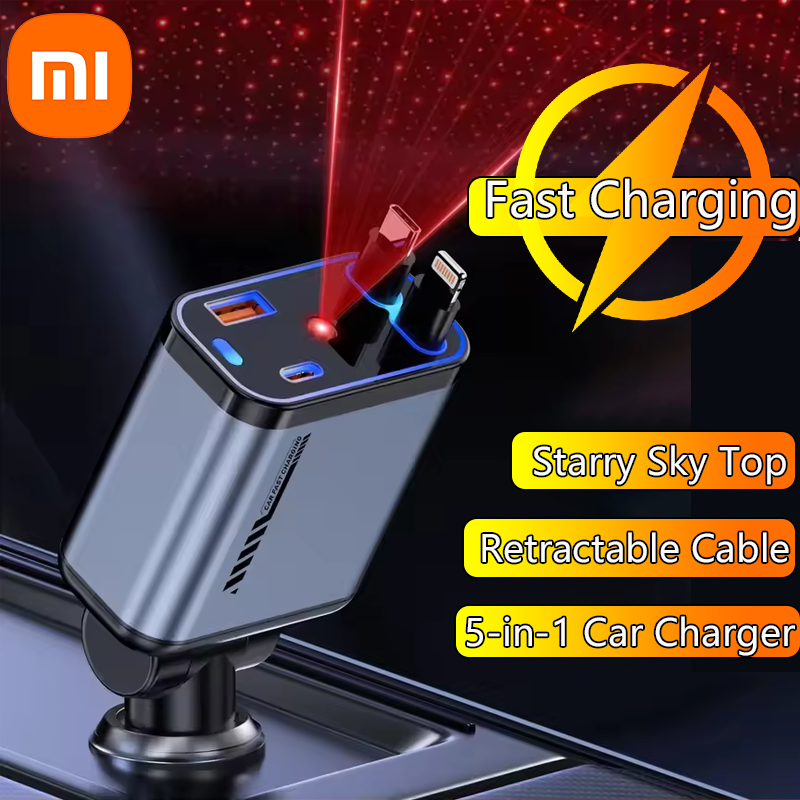 NIEUWE 5-in-1 intrekbare autolader Supersnel voor telefoonsnoer Sigarettenaansteker QC-adapter met 2 USB-poorten Sterrenhemel Top