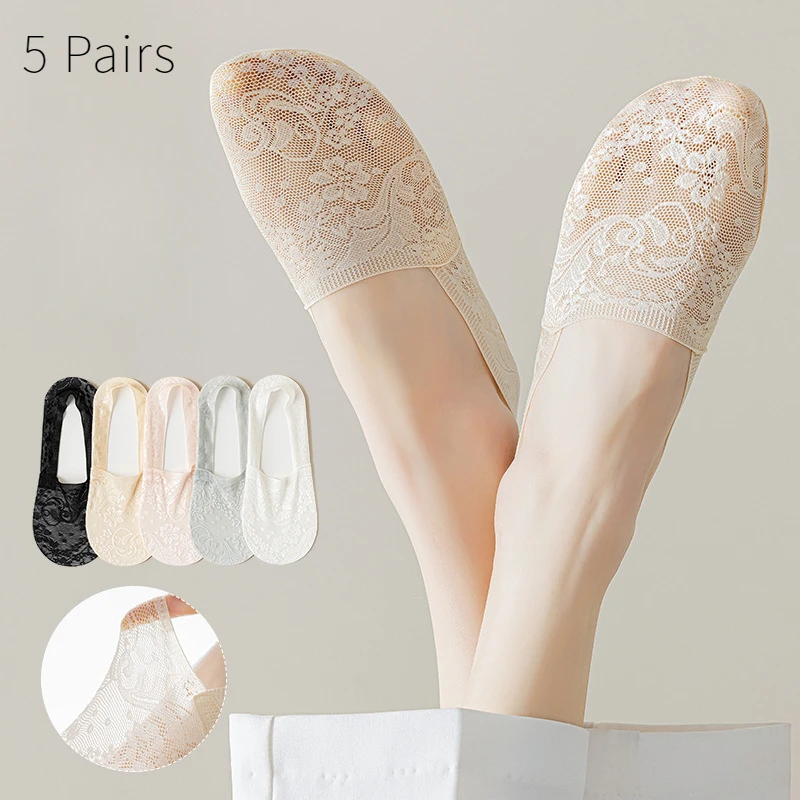 5 Paar modische Damen-Socken im Sommer, rutschfest, unsichtbar, mit Spitzen-Blumen-Stil