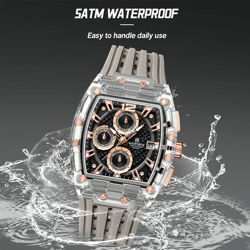 ใหม่ NAVIFORCE ผู้ชายควอตซ์นาฬิกามัลติฟังก์ชั่แฟชั่นกีฬา Chronograph 5ATM กันน้ําซิลิโคน Casual Man นาฬิกาข้อมือ