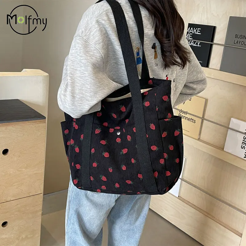 Aardbeien Corduroy Handtas Zoete Damestas Modieuze Veelzijdige Schoudertas Mooie Eenvoudige Commuter Dames Tote Bags