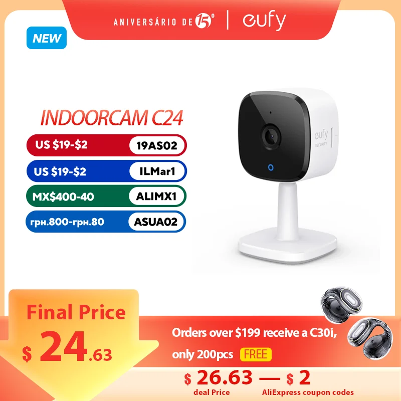 eufy Security Solo IndoorCam C24 Telecamera IP Wifi 2K Telecamera audio bidirezionale Wi-Fi Animale domestico umano AI Funziona assistenti vocali Telecamera per visione notturna