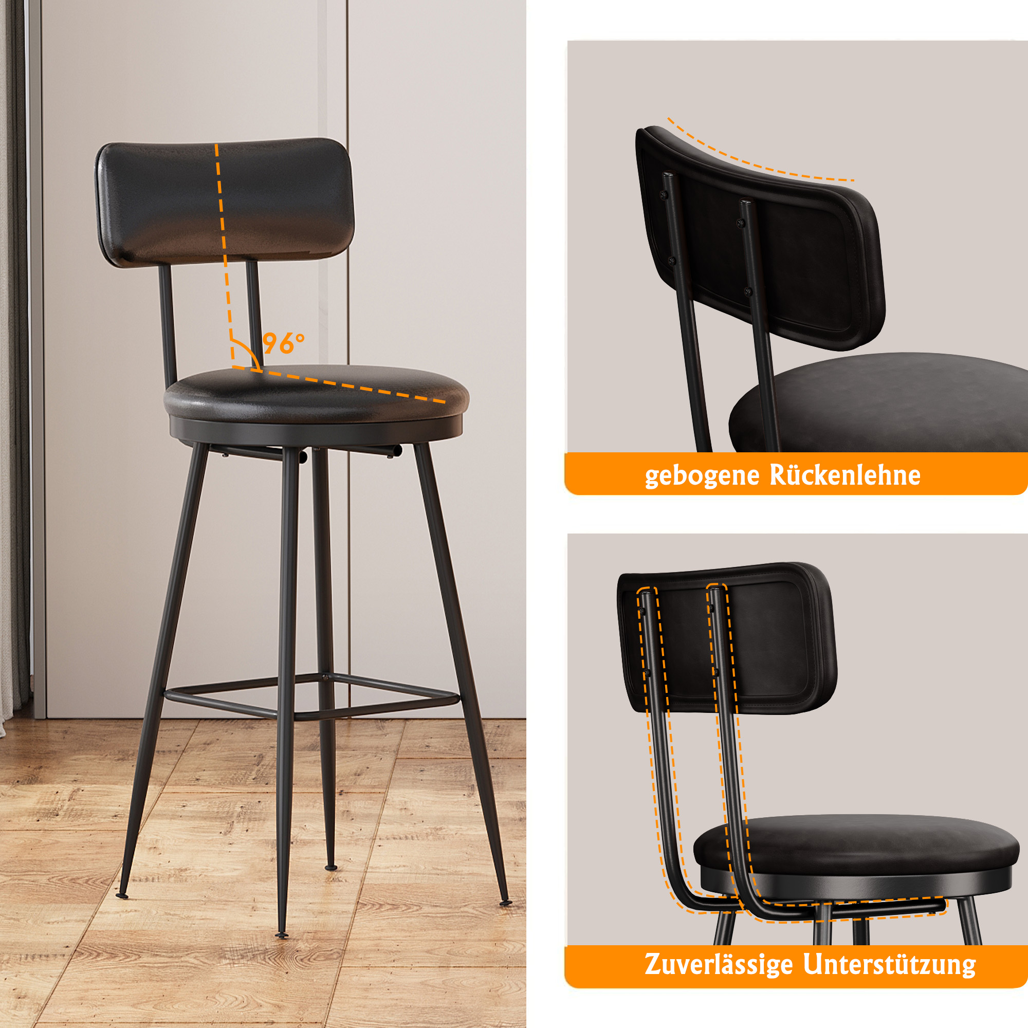 Comanlai 85 cm 2 Stück/Set Barstühle mit hoher Rückenlehne, Barhocker mit Metallbeinen, Küchenstuhl, Hochstuhl für Bar, PU-Leder, Schwarz