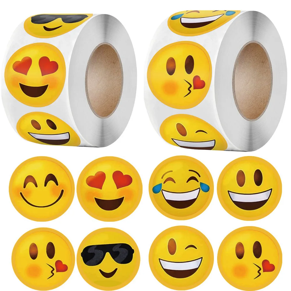 500 sztuk/rolka Cartoon zabawny uśmiech wyraz twarzy naklejki z nagrodami 8 wzorów 2,5 cm/1,0 cala okrągłe na podkładkę PC lodówka prezent Diy Decor