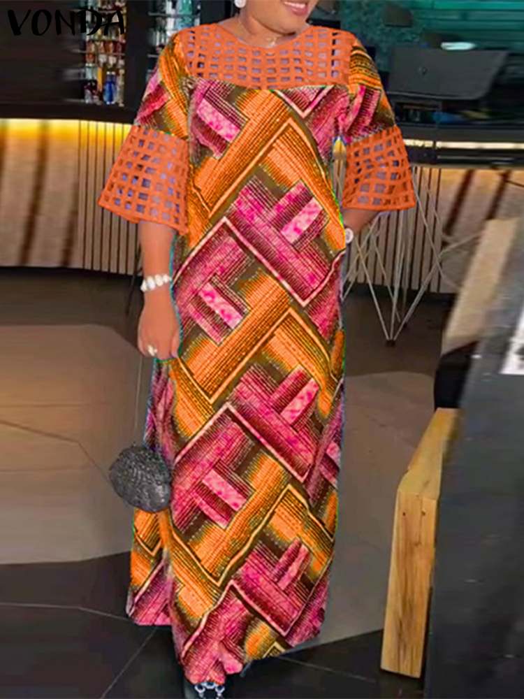 Vonda-ボヘミアンプリントの女性用ドレス,フレアスリーブ,レースパッチワーク,カジュアル,サマーパーティー,2022, 2024
