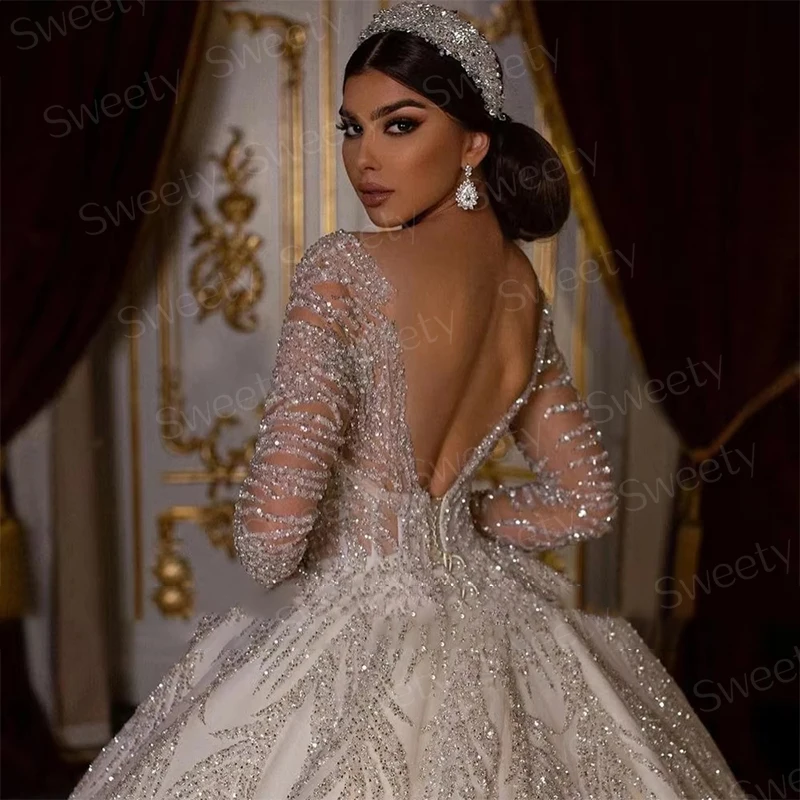 Glitter Hochzeit Kleid Spitze Mit Perlen Ballkleid Prinzessin Volle Hülse O-ansatz Braut Kleid Backless Angepasst Vestido De Novia