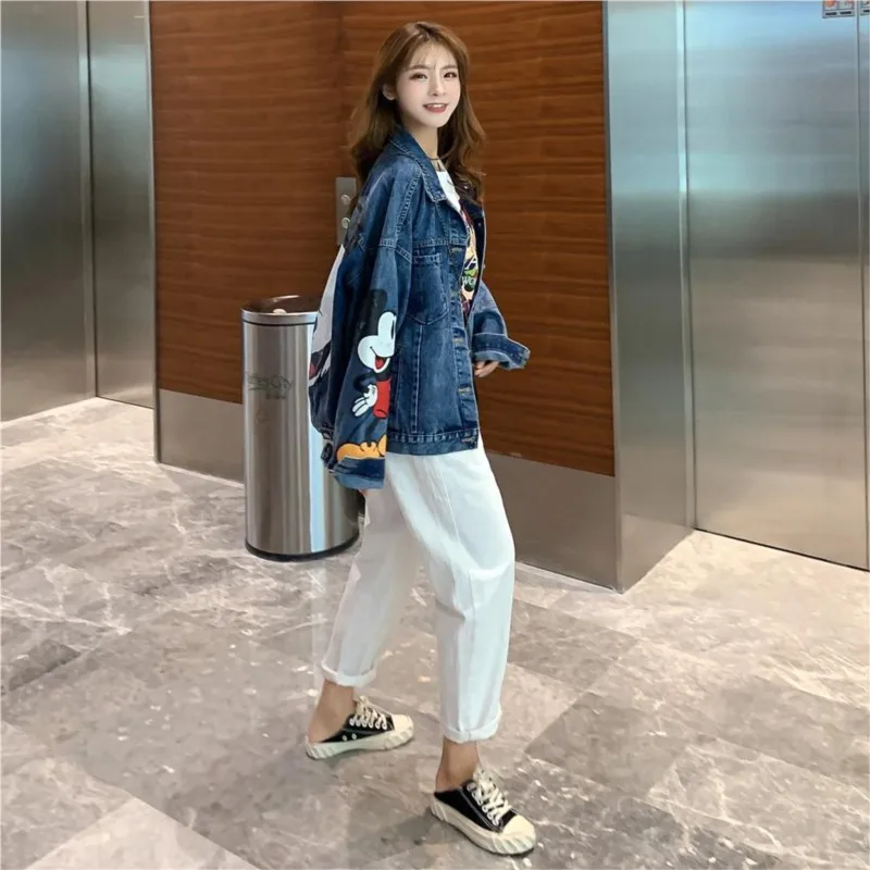 Roupas dos desenhos animados retro impresso denim jaqueta feminina outono novo solto tamanho grande jaqueta dos desenhos animados casual topo solto jaqueta