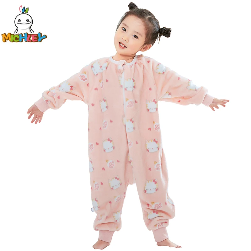 MICHLEY Pink Cat Flannel Baby Kid Sleeping Bag Sack Winter Sleepwear Cute Cartoon Bodysuit Sleepsack Pajamas With Feet Boys Girl