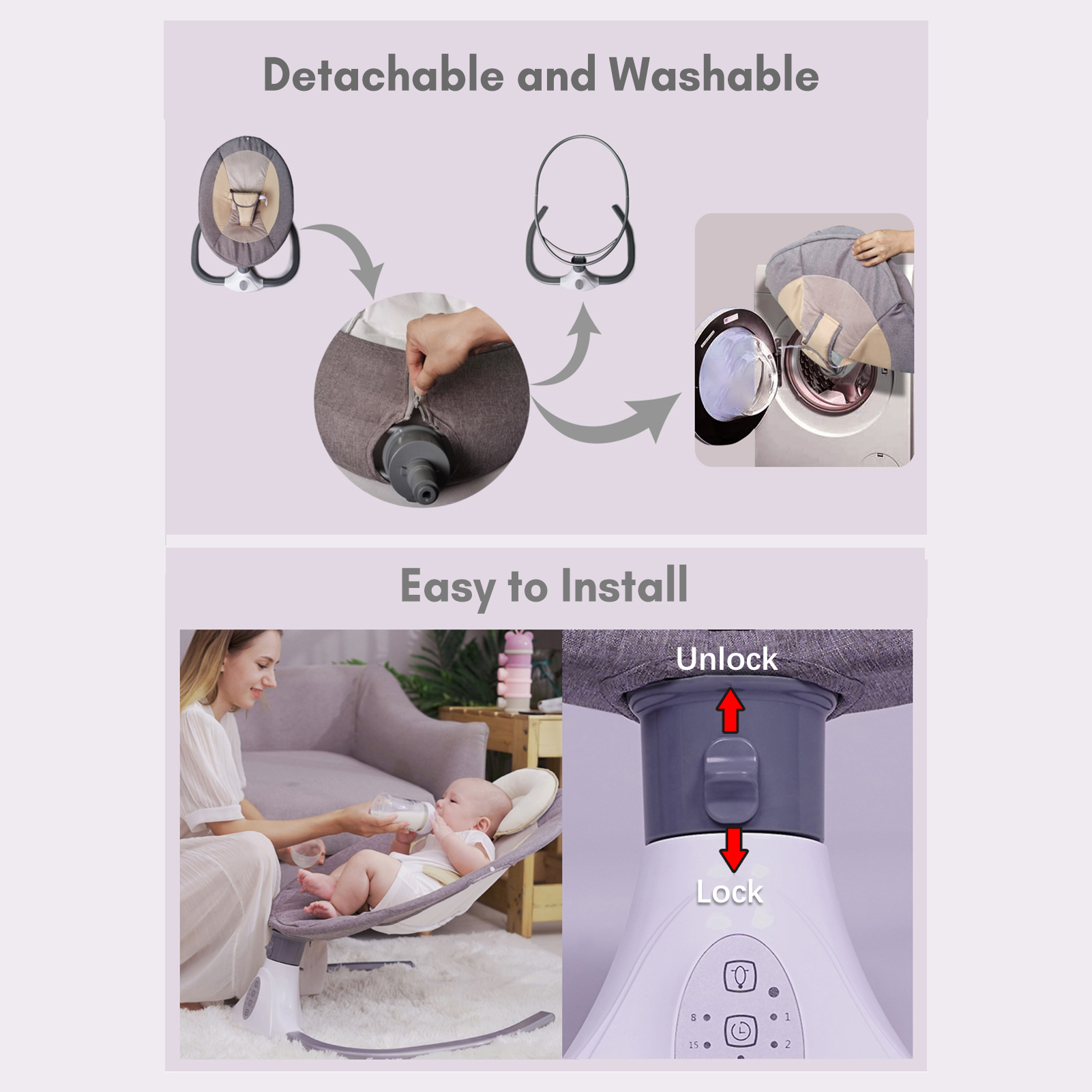 Putybudy S-Y608 Motorized Baby Swing for Infants Baby Rocker 4 Speeds & 4 Timer & 12 Preset Lullabies Supports BT Connection