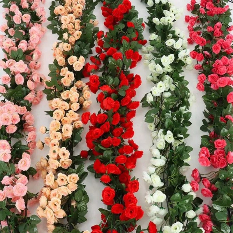 2.5m 1.8m Rosa Fiore Artificiale Vite Per La Ghirlanda di Nozze Bianco Rosa Casa Camera Decorazione di Nozze Seta Artificiale Rosa Vite