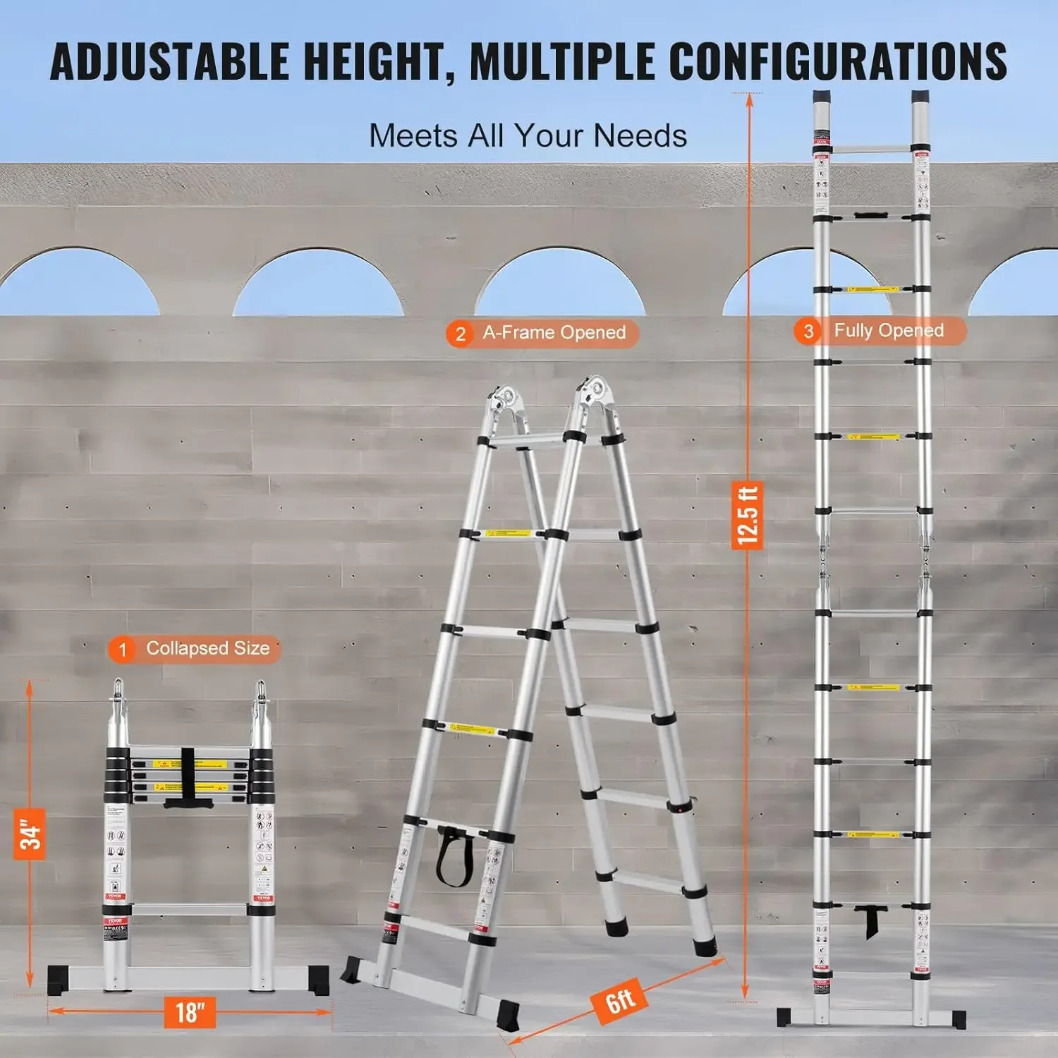 Telescoping Ladder, 12.5FT A-Shape Aluminum Extension Ladder Lightweight, Multi-Button Retraction Collapsible Ladder