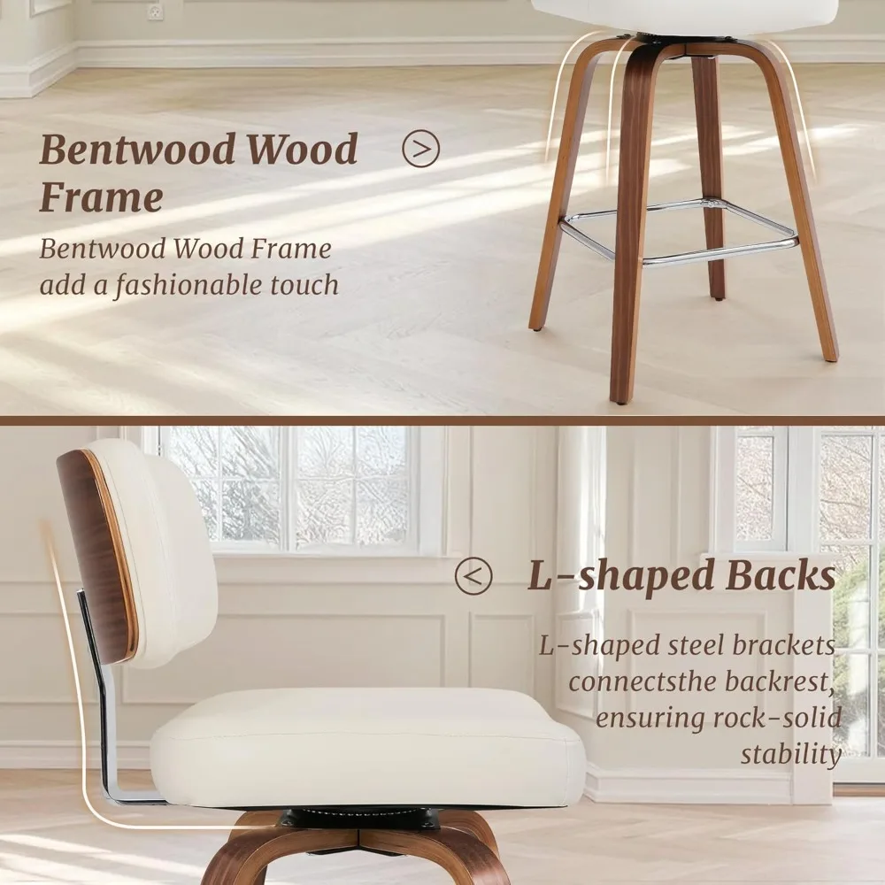 Swivel Counter Height Bar Stools Set of 3, 26" Upholstered Seat Barstools with Back Walnut Wood Legs, Mid-Century PU Leather Bar