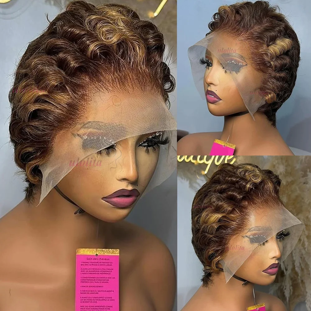 P4/30 Hoogtepunt Pixie Krullende Pruiken 13*4 Kant Frontale Pruik van echt haar Klaar om te dragen Ruw Indiaas haar Kort Bouncy Krullend Zijdeel