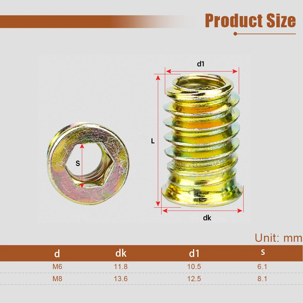 10/20pcs M4 M5 M6 M8 M10 Zinc Plated Steel Hexagon Socket Threaded Insert Nut Embedded E-Nut for Furniture Wood Bed Cabinet