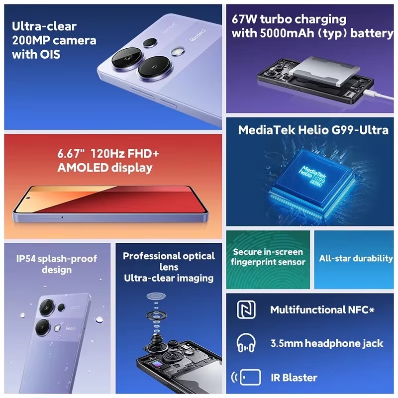 Xiaomi Redmi Note 13 Pro 4G 8 + 256GB Helio G99 Ultra 6.67 "AMOLED Display 120Hz 200MP fotocamera 67W ricarica rapida