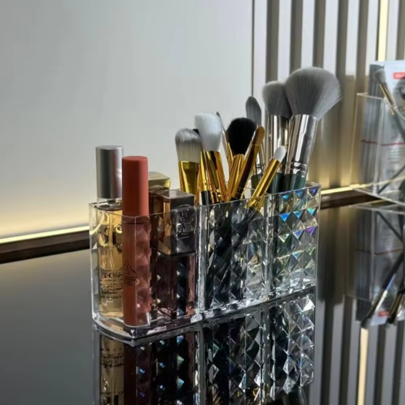 Bohrmuster, drei Fächer, Make-up-Pinsel-Organizer, Acryl, transparenter Stifthalter, Desktop-Aufbewahrung für Augenbrauenstift, Lippenstift