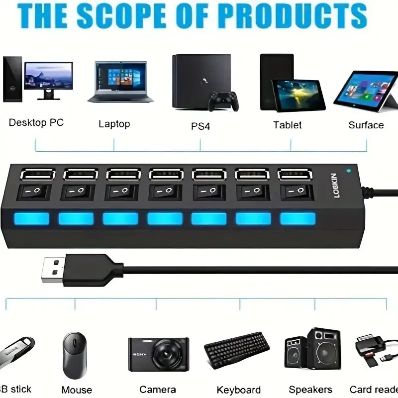 Adaptador expansor USB HUB 2,0 de alta velocidad, 4/7 puertos, divisor Multi USB, extensor múltiple con interruptor de lámpara LED para PC y portátil