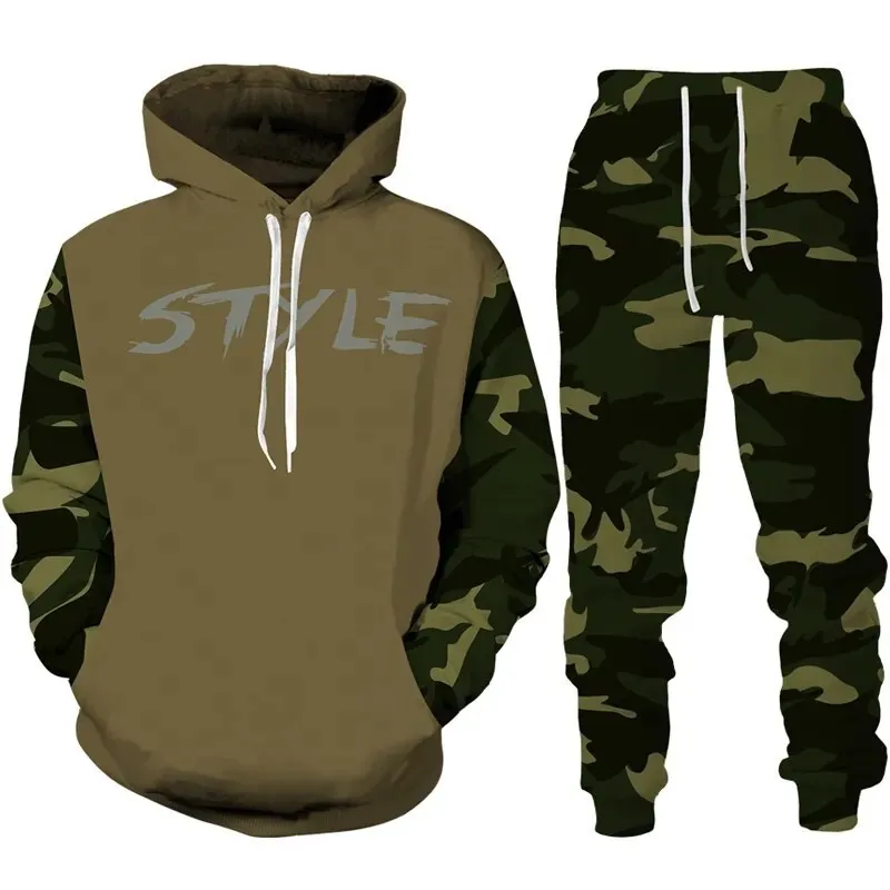 Outono camuflagem 3d impresso moletom com capuz terno masculino moletom moletom casual moda duas peças conjunto de treino roupas masculinas
