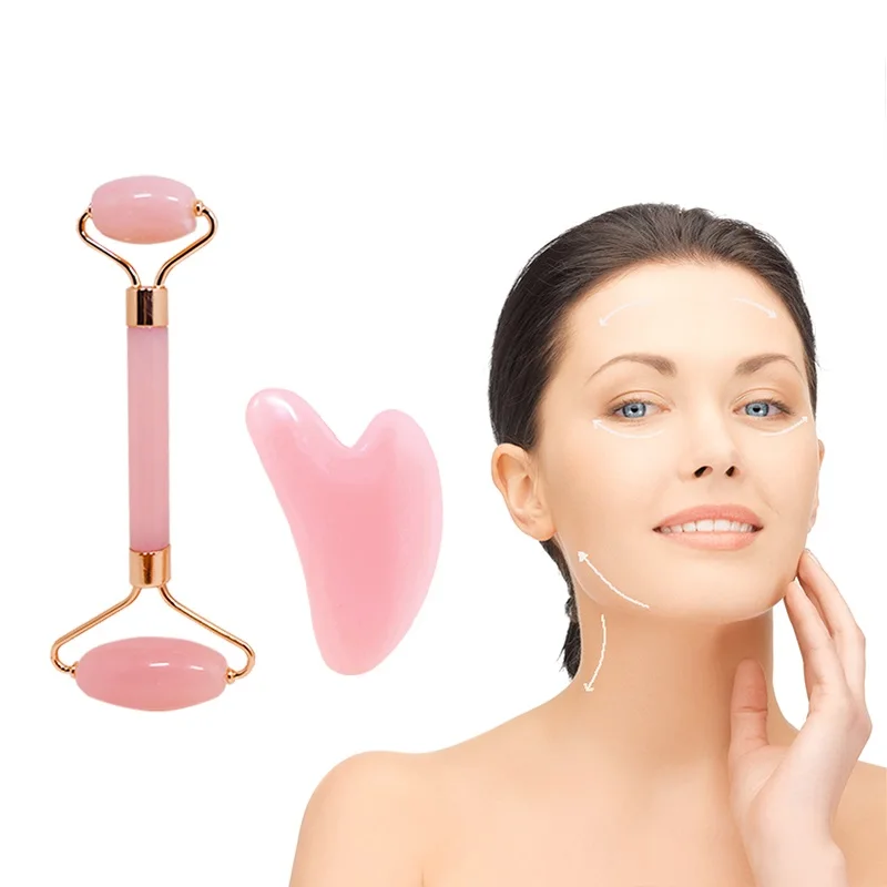 Double Chin Reducer Massager Roller Beauty Stick Facial Lifting Tool Heart Shape Scraping Pink Full Body Massage Set