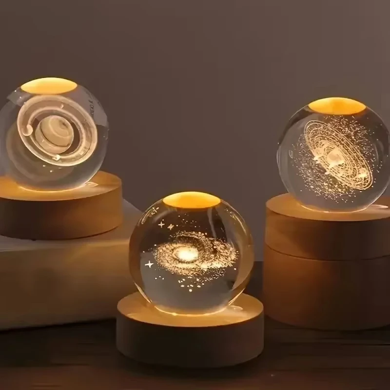 6 cm 3D Pianeta Sfera di cristallo LED USB Luce notturna Sistema solare Galassia Lampada da tavolo Sfera lunare incandescente per la decorazione della camera da letto Regalo