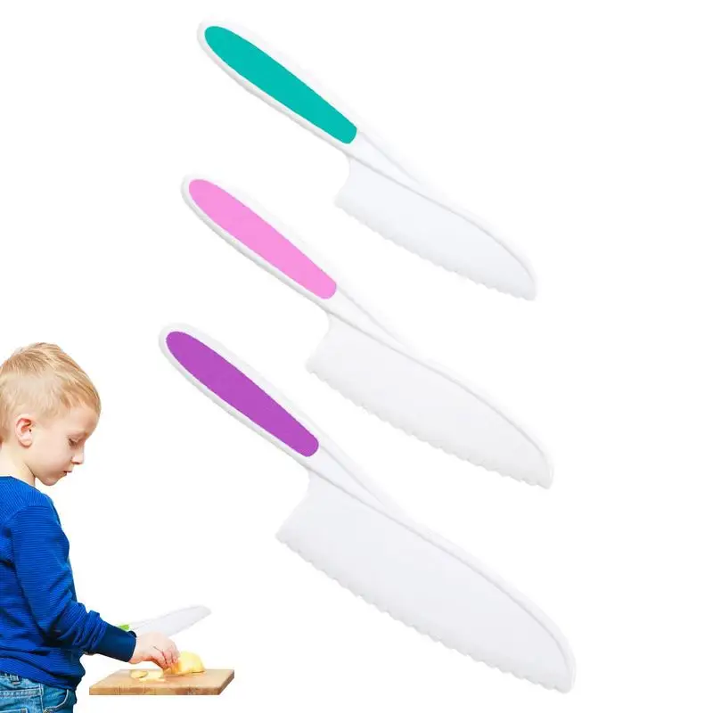 Cuchillos para niños, juego de 3 cuchillos de nailon para niños, cuchillos seguros para cocinar, cuchillos para niños pequeños, cuchillos para niños para cocinar y cortar reales