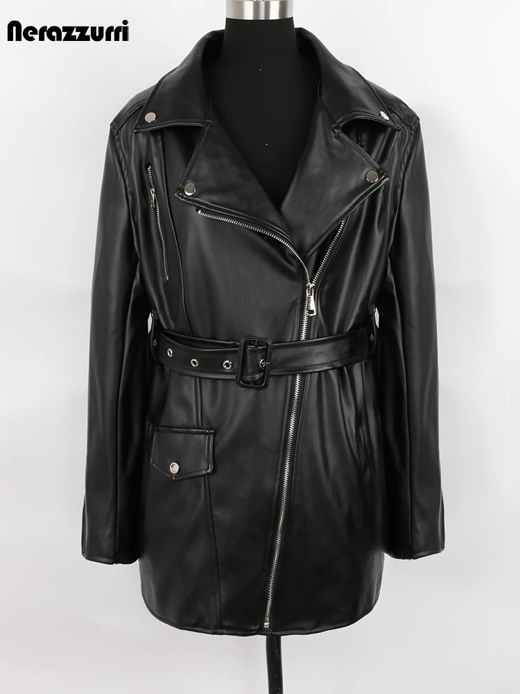 Nerazzurri Frühling Herbst Kühle Lose Wasserdichte Schwarz Weiche Kunstleder Biker Moto Jacke Frauen Zipper Langarm Gürtel 2022