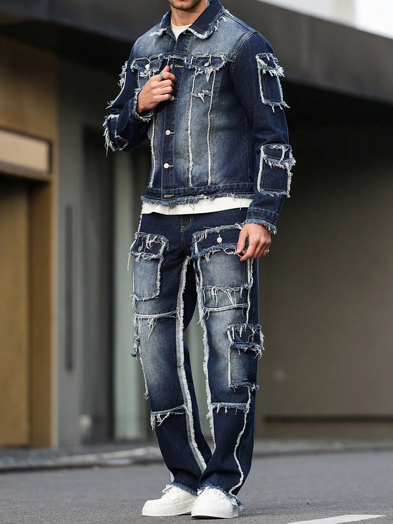 Terno jeans masculino primavera e outono, design com vários bolsos, estilo calças largas e retas