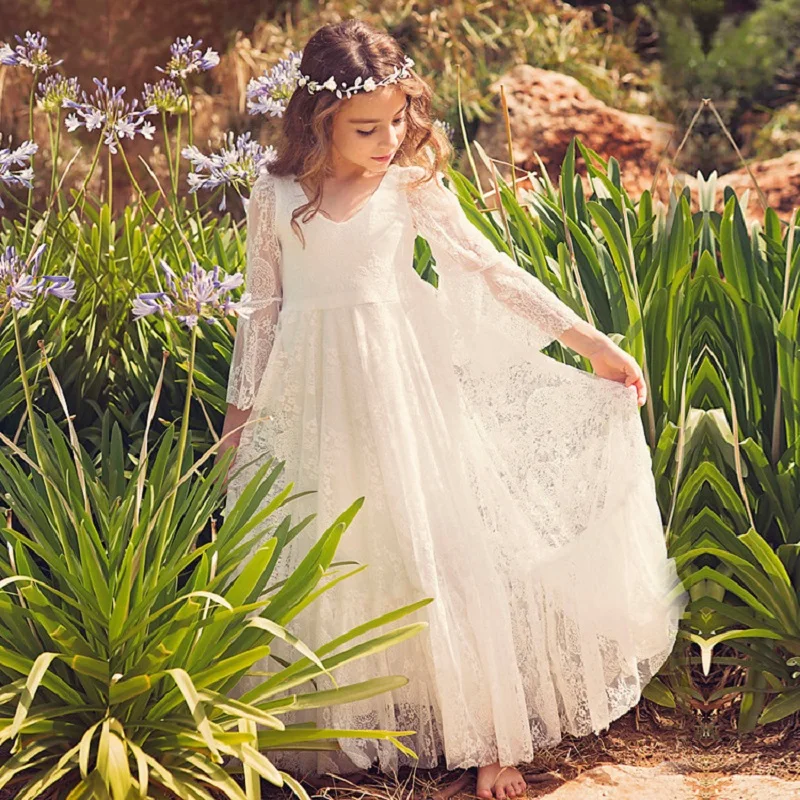เจ้าหญิงสาวลูกไม้ชีฟองชุดยาวเด็กสาวดอกไม้งานแต่งงานชุดฤดูร้อน Boho วันเกิดงานแต่งงานชุดสําหรับ 2-14 ปี