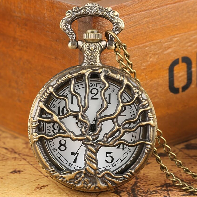 Hohle Baum des Lebens Form Quarz Taschenuhr mit Halskette Kette Retro Bronze Elegant Anhänger Geschenk für Männer Frauen Vintage Uhr