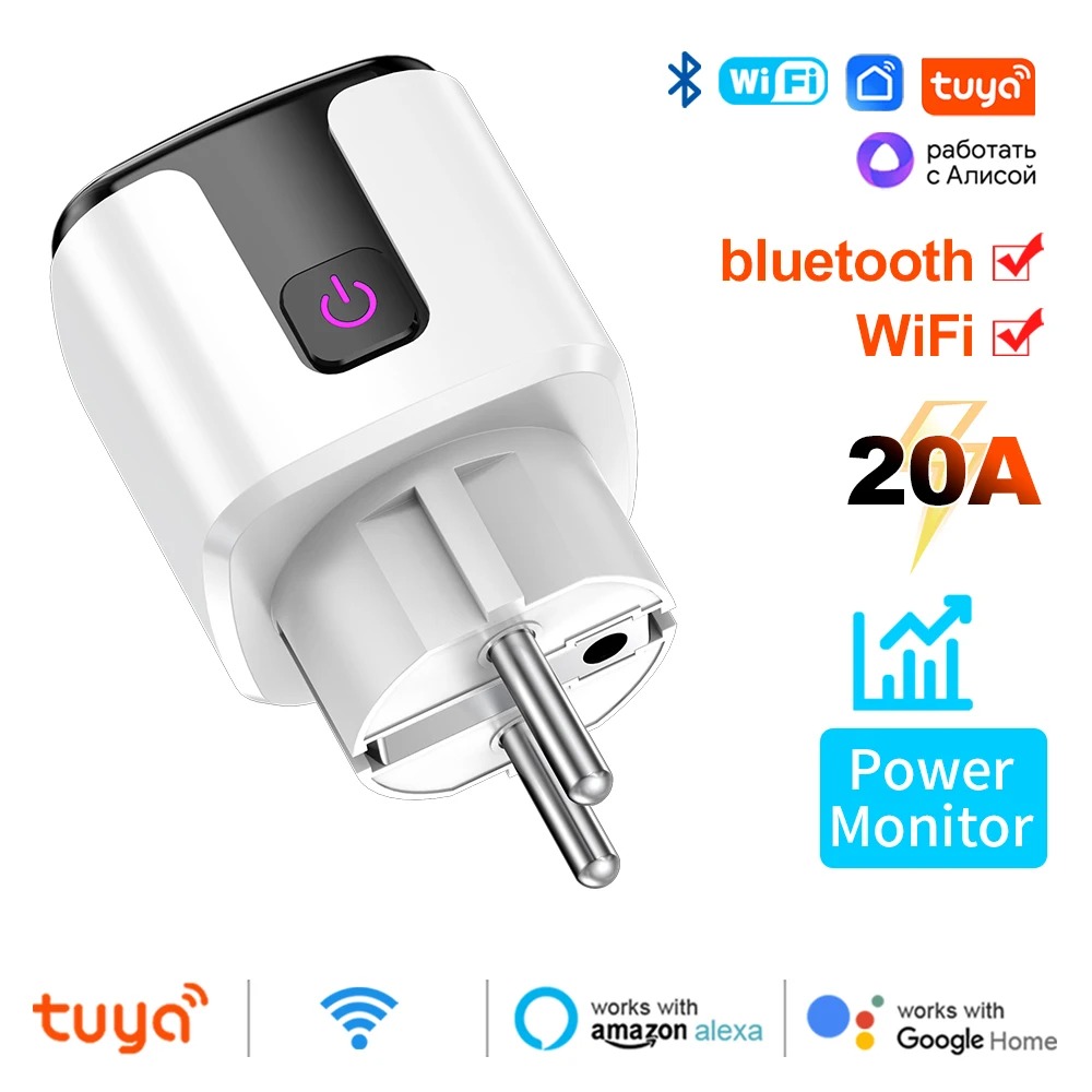 Tuya Smart EU Plug WiFi+Bluetooth 20A Socket With Power Monitoring Timer Child Lock Outlet Google Home Alice SmartThings Alexa