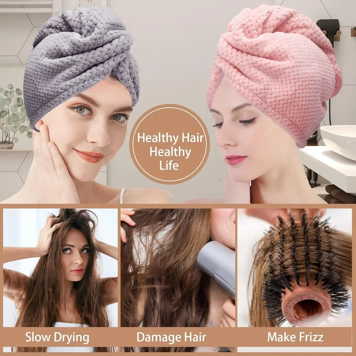 Toalha de cabelo de cor sólida Touca de cabelo seca texturizada 9,8 "X 25,5" envoltório de toalha de cabelo absorvente para mulheres com botões