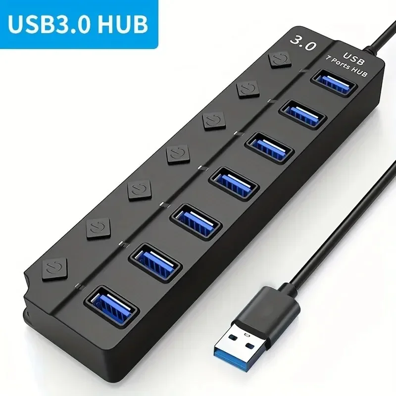 4/7-Port USB 3.0 Hub mit LED-Anzeige, unabhängige Schaltersteuerung für Laptop-Flash-Laufwerk, Festplatte, Drucker, Kameratasche