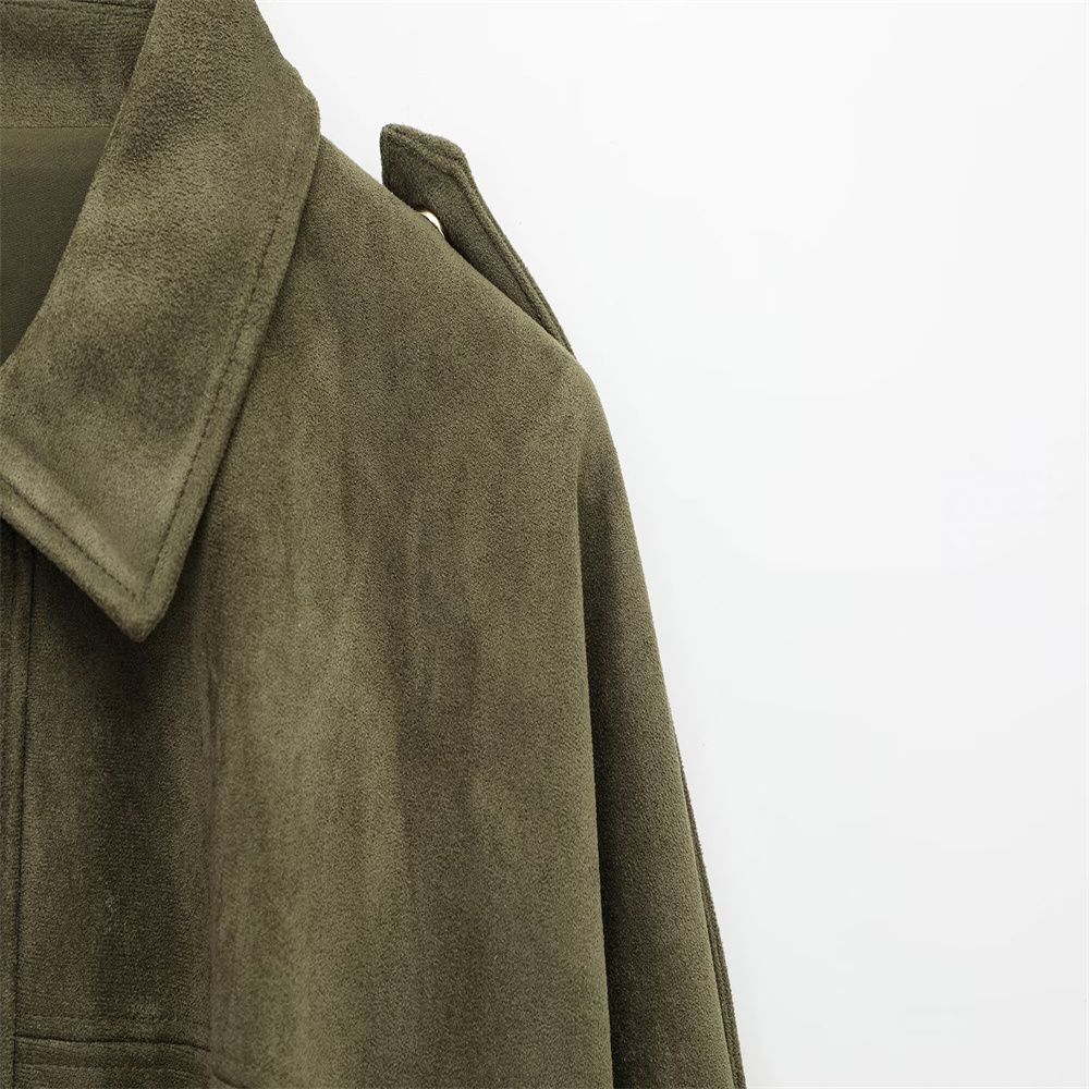 PB&ZA 2025 Women Faux Suede Collared Jacket with Shoulder Straps Loose Fit Stylish Olive Green for Sale on AliExpress