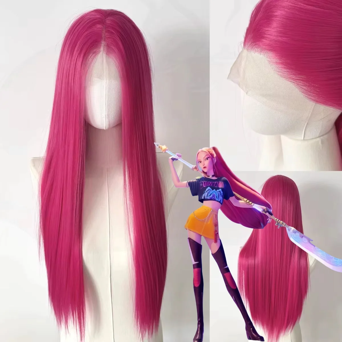 Ashley Pink Lace-Front-Perücke, 66 cm, 13 x 4 Lace-Frontal-Perücken, lange, gerade, hitzebeständige Faser-Synthetik-Perücke für Mira Cosplay
