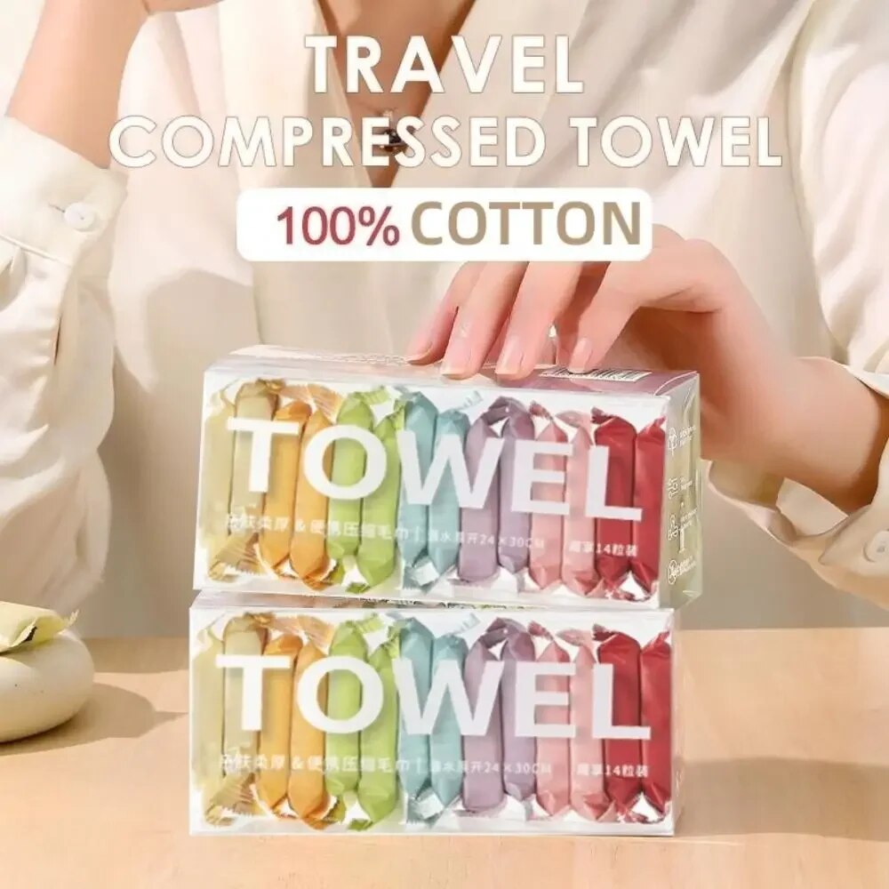 14 unids/caja toallita desechable toalla de viaje portátil toalla cuadrada de belleza de limpieza facial comprimida gruesa