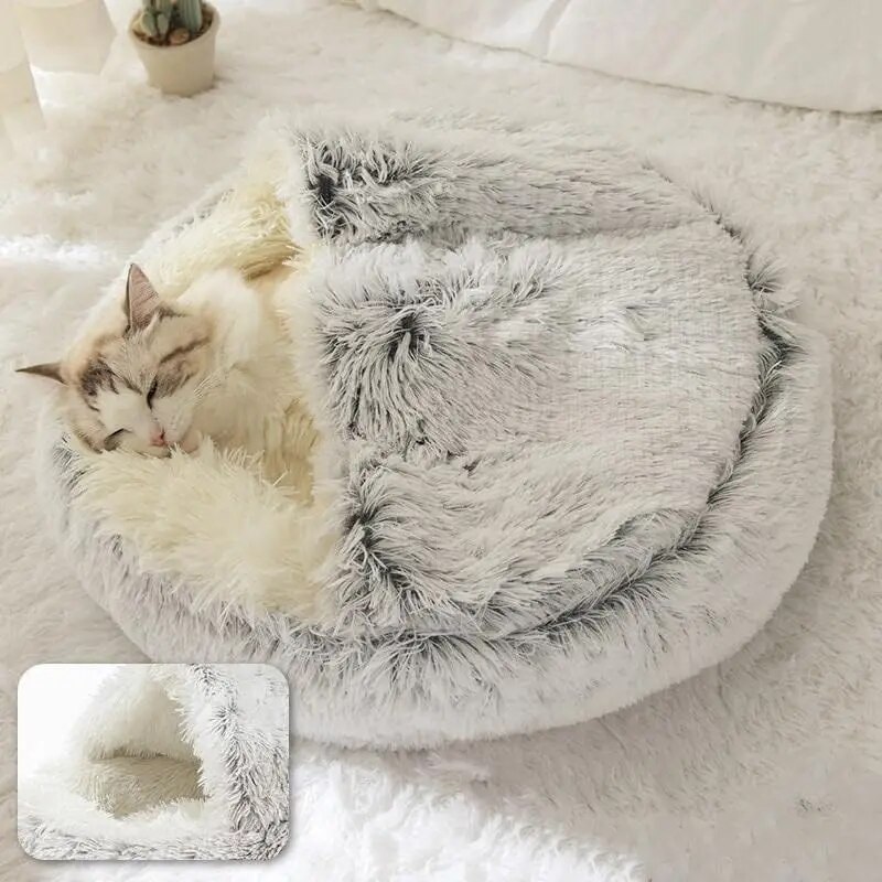 Letto per animali domestici con cappuccio in peluche Letto rotondo soffice e morbido per gatti Cuscino per animali domestici Caldo gatto Cane 2 in 1 Nido per dormire Grotta per cani di piccola taglia
